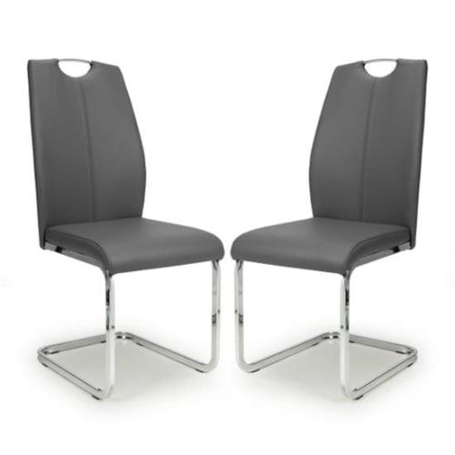 Towson Grey Leather Dining Chairs With Chrome Base In Pair