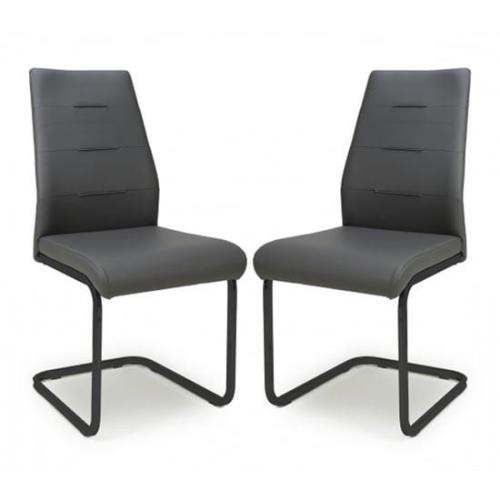 Carlton Dark Grey Leather Dining Chairs With Black Legs In Pair