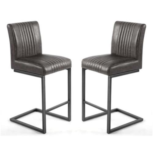 Aboba Grey Leather Bar Chairs With Metal Legs In Pair