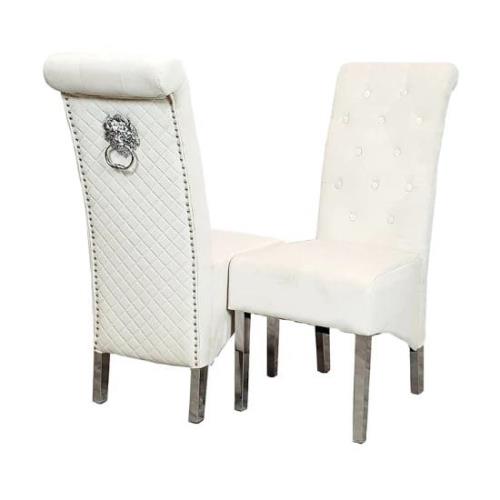 Elmira Lion Knocker Cream Velvet Dining Chairs In Pair