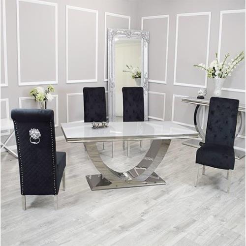 Avon White Glass Dining Table With 6 Elmira Black Chairs