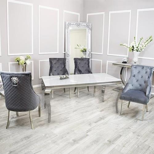 Laval White Glass Dining Table With 6 Benton Dark Grey Chairs