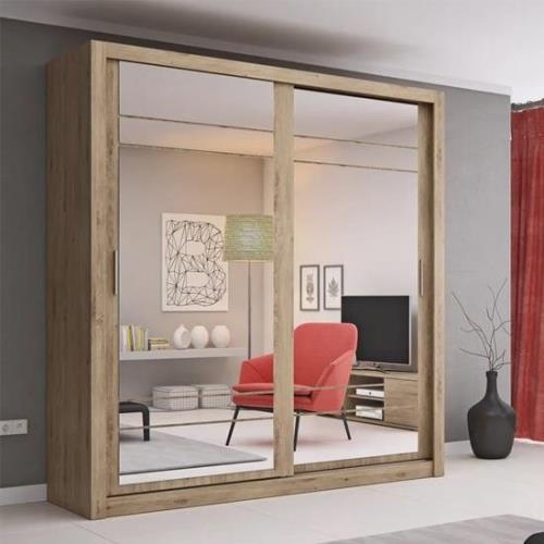 Allen Large Wardrobe With 2 Mirror Sliding Doors In Shetland Oak