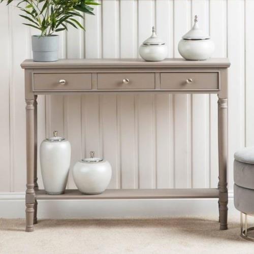 Denver Pine Wood Console Table With 3 Drawers In Taupe