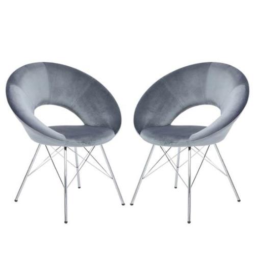 Orem Grey Velvet Dining Chairs With Chrome Metal Legs In Pair