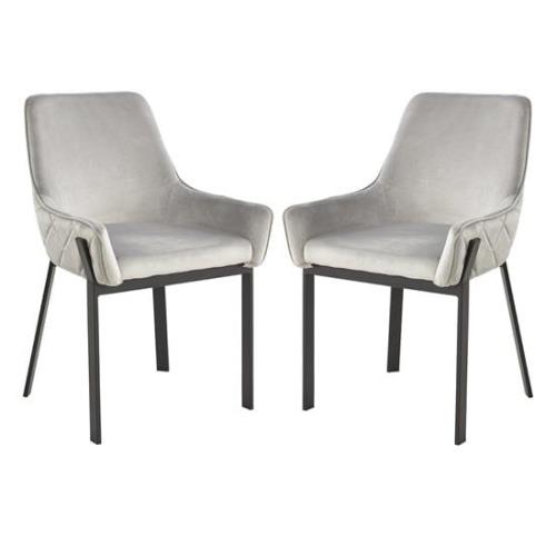 Riva Grey Velvet Dining Chairs With Matt Black Legs In Pair