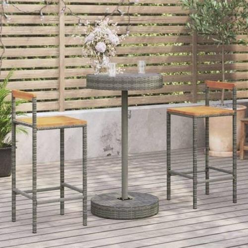 Piper Solid Wood 3 Piece Garden Bar Set In Grey Poly Rattan