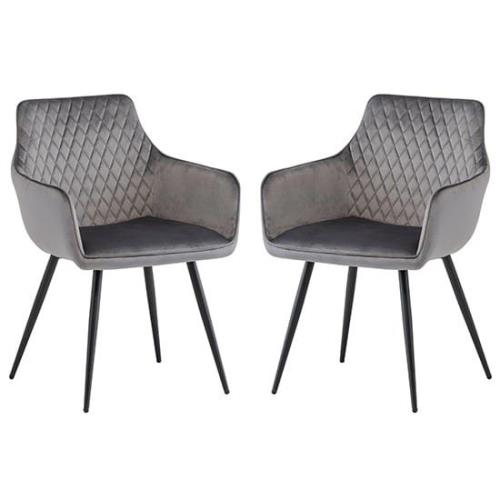 Finlay Dark Grey Velvet Fabric Dining Armchairs In Pair