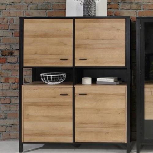 Harbor Wooden Highboard 4 Doors In Matt Black And Riviera Oak