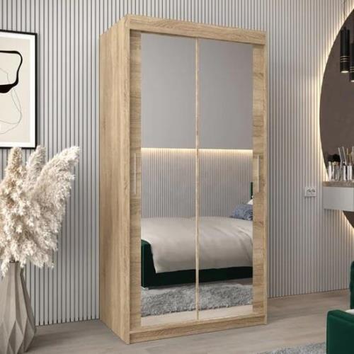 Tavira III Mirrored Wardrobe 2 Sliding Doors 100cm In Sonoma Oak