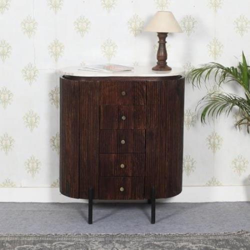 Ocala White Marble And Wood Chest Of 5 Drawers In Dark Mahogany