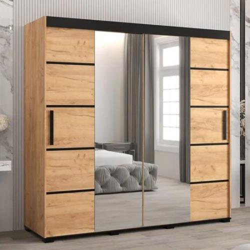 Beilla VI Mirrored Wardrobe 2 Sliding Doors 200cm In Golden Oak