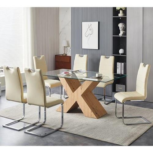 Zanti Glass Dining Table With Oak Base 6 Petra Cream Chairs