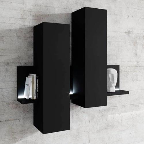 Belek Wooden Wall Shelving Unit In Matt Black With LED