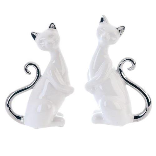 Moline Ceramics Cat Milly Sitting Sculpture In White And Silver