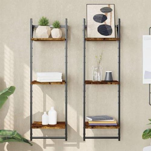 Destin Set Of 2 Wooden Wall Shelf 3-Tier In Smoked Oak