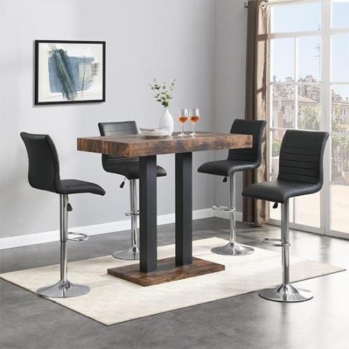 Caprice Small Rustic Oak Wooden Bar Table 4 Ripple Black Stools