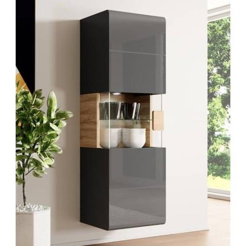 Torino High Gloss Display Cabinet Wall In Grey Oak With LED