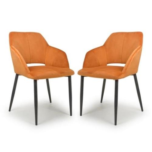 Narva Burnt Orange Velvet Dining Chairs With Black Legs In Pair