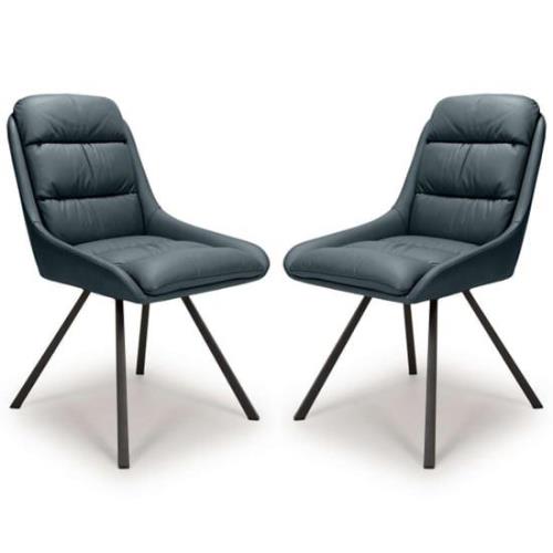 Addis Blue Leather Dining Chairs With Black Legs In Pair