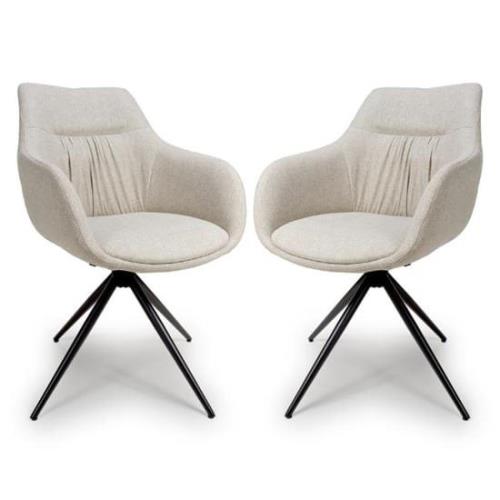 Buxton Swivel Carver Natural Fabric Dining Chairs In Pair