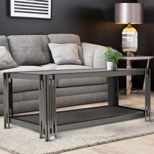 Calvi Smoked Glass Coffee Table In Black Gunmetal Steel Tubes