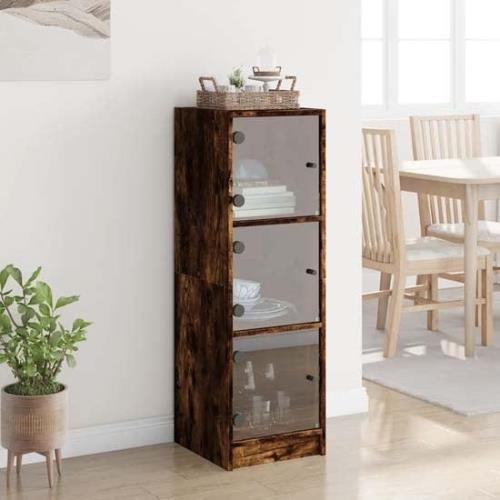 Avila Wooden Highboard With 3 Glass Doors In Smoked Oak