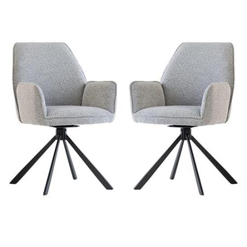 Harris Swivel Grey Boucle Fabric Dining Chairs In Pair