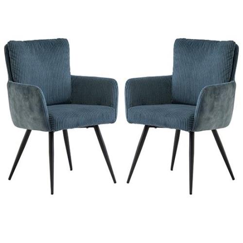 Lewes Blue Corduroy Velvet Dining Armchairs In Pair