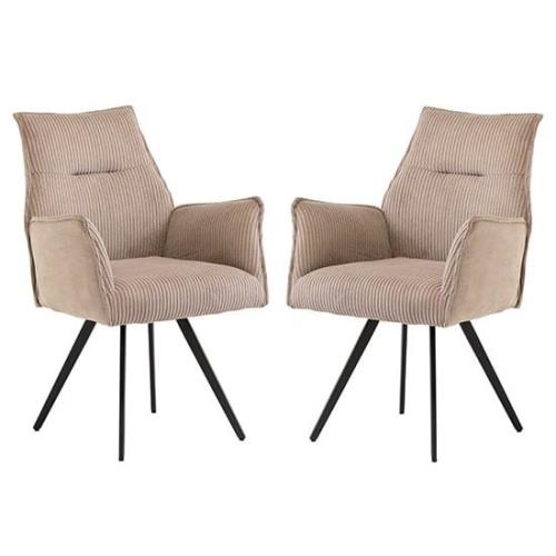 Reston Oyster Corduroy Fabric Mix Dining Armchairs In Pair