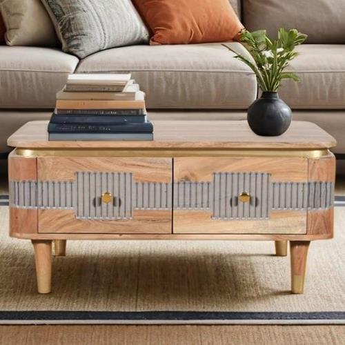 Wayne Acacia Wood Coffee Table 2 Drawers In Natural And Grey