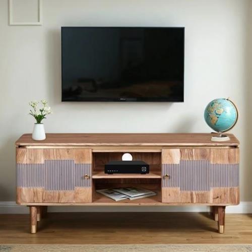 Wayne Acacia Wood TV Stand With 2 Doors In Natural And Grey