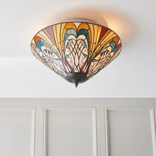 Hector Tiffany Glass Shade Flush Light In Satin Black