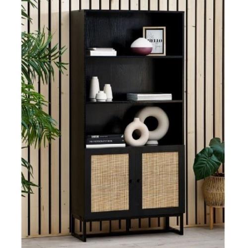 Pabla Wooden Bookcase With 2 Doors In Rattan And Black