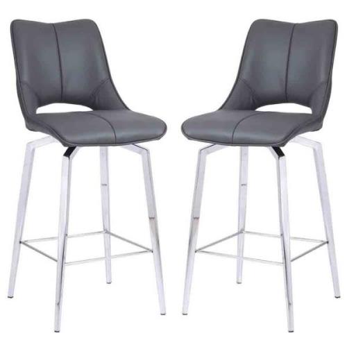 Pilton Grey PU Leather Bar Stools With Chrome Legs In Pair