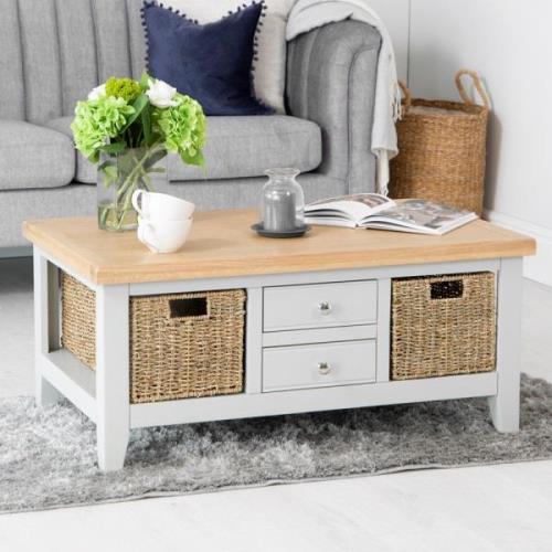 Elkin Wooden Coffee Table With 4 Drawers In Oak And Grey