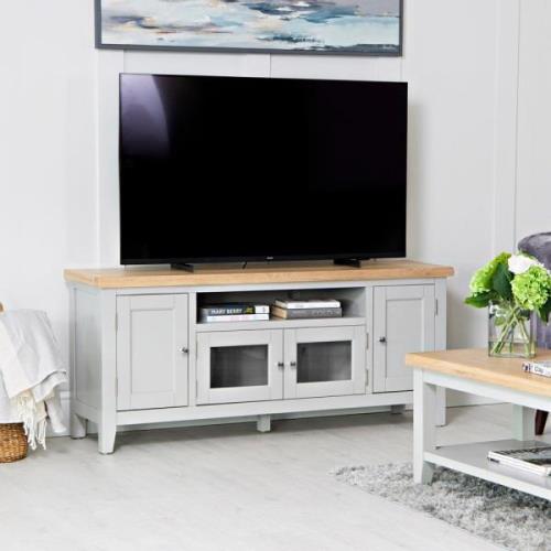 Elkin Wooden TV Stand With 4 Doors In Oak And Grey