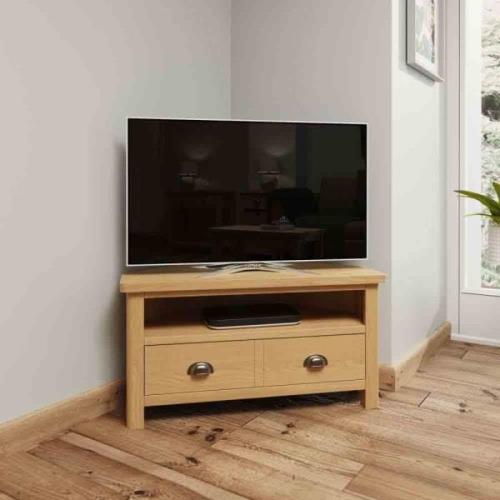 Rosemont Wooden TV Stand Corner With 2 Drawers In Rustic Oak