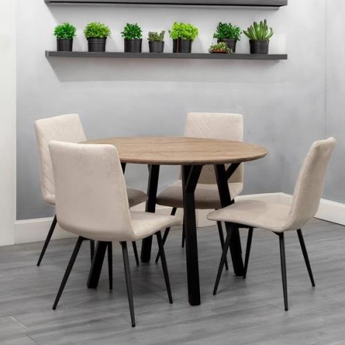 Frisco Oak Effect Dining Table Round With 4 Taupe Chairs