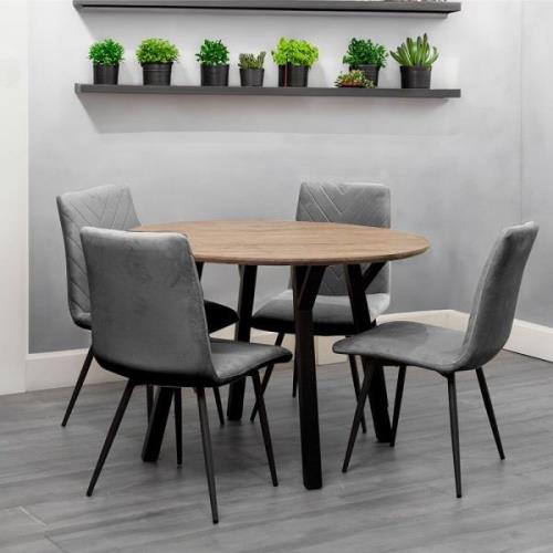 Frisco Oak Effect Dining Table Round With 4 Grey Chairs