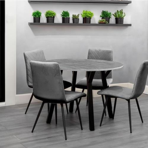 Frisco Concrete Effect Dining Table Round With 4 Grey Chairs