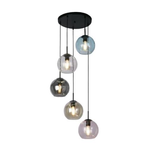 Mardi 5 Light Coloured Glass Pendant Light In Matt Black