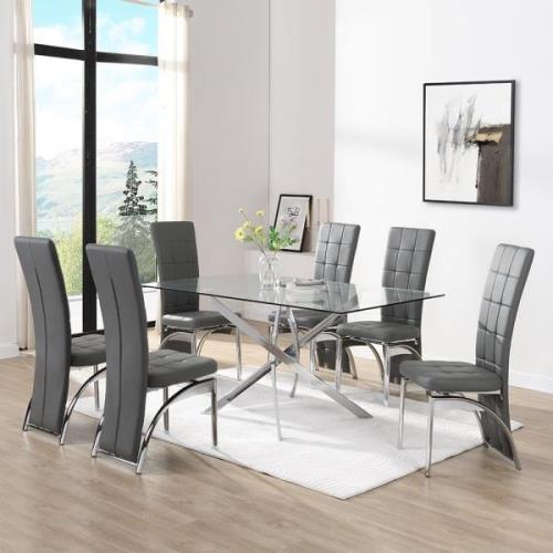 Daytona Large Glass Dining Table With 6 Ravenna Grey Chairs