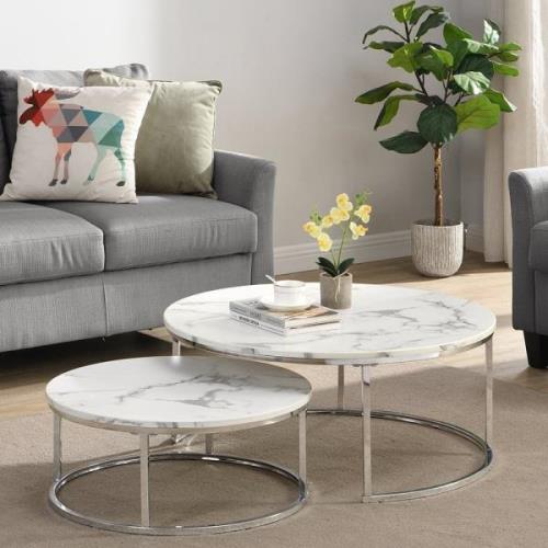 Mystique Wooden Nesting Coffee Tables In White Marble Effect