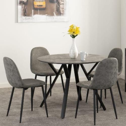 Alsip Round Concrete Efffect Dining Table With 4 Grey Chairs