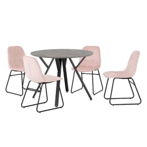 Alsip Round Concrete Dining Table With 4 Lyster Pink Chairs