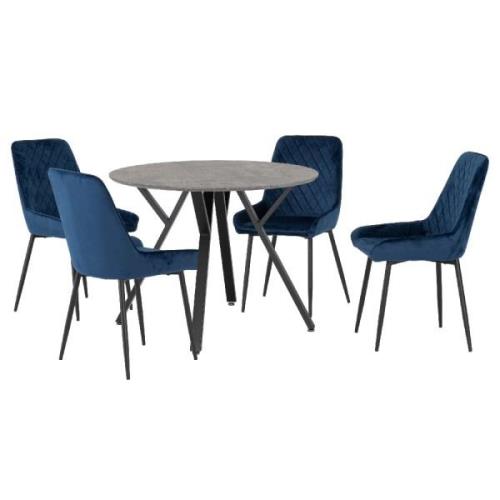 Alsip Round Concrete Dining Table With 4 Avah Blue Chairs