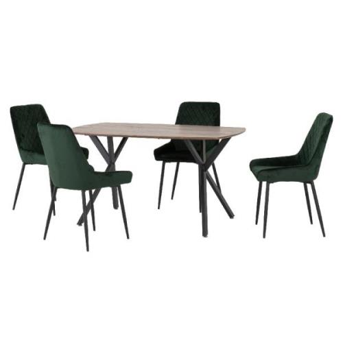 Alsip Oak Wooden Dining Table With 4 Green Velvet Chairs