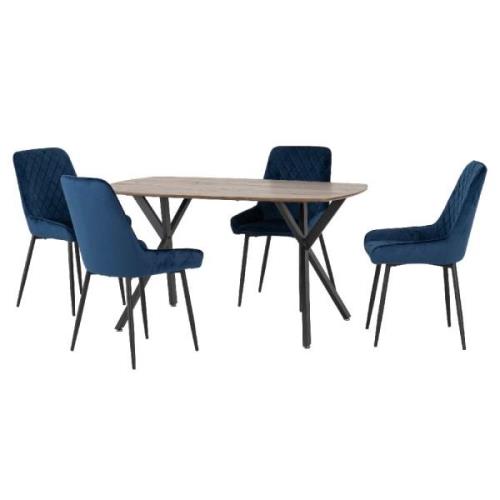 Alsip Oak Wooden Dining Table With 4 Blue Velvet Chairs