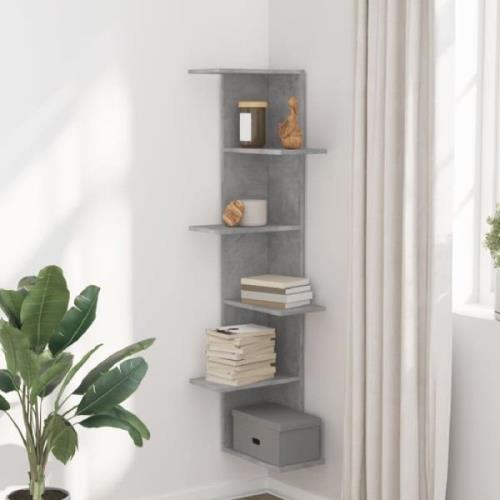 Ravena Wooden Corner Wall Shelf With 5 Shelves In Concrete Grey